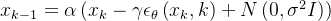 x_{k-1}=\alpha\left(x_{k}-\gamma \epsilon_{\theta}\left(x_{k}, k\right)+N\left(0, \sigma^{2} I\right)\right)
