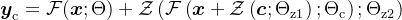 \boldsymbol{y}_{\mathrm{c}}=\mathcal{F}(\boldsymbol{x} ; \Theta)+\mathcal{Z}\left(\mathcal{F}\left(\boldsymbol{x}+\mathcal{Z}\left(\boldsymbol{c} ; \Theta_{\mathrm{z} 1}\right) ; \Theta_{\mathrm{c}}\right) ; \Theta_{\mathrm{z} 2}\right)