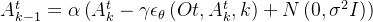 A_{k-1}^{t}=\alpha\left(A_{k}^{t}-\gamma \epsilon_{\theta}\left(O t, A_{k}^{t}, k\right)+N\left(0, \sigma^{2} I\right)\right)