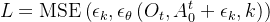 L=\operatorname{MSE}\left(\epsilon_{k}, \epsilon_{\theta}\left(O_{t}, A_{0}^{t}+\epsilon_{k}, k\right)\right)