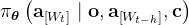 \pi_{\boldsymbol{\theta}}\left(\mathbf{a}_{\left[W_{t}\right]} \mid \mathbf{o}, \mathbf{a}_{\left[W_{t-h}\right]}, \mathbf{c}\right)