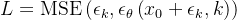 L=\operatorname{MSE}\left(\epsilon_{k}, \epsilon_{\theta}\left(x_{0}+\epsilon_{k}, k\right)\right)