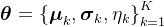 \boldsymbol{\theta}=\left\{\boldsymbol{\mu}_{k}, \boldsymbol{\sigma}_{k}, \eta_{k}\right\}_{k=1}^{K}