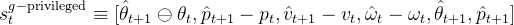 s_t^{g-\text{privileged}} \equiv [\hat{\theta}_{t+1} \ominus \theta_t, \hat{p}_{t+1} - p_t,\hat{v}_{t+1} - v_t, \hat{\omega}_{t} - \omega_t, \hat{\theta}_{t+1}, \hat{p}_{t+1}]