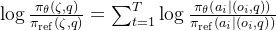 \log \frac{\pi_{\theta}(\zeta, q)}{\pi_{\mathrm{ref}}(\zeta, q)}=\sum_{t=1}^{T} \log \frac{\pi_{\theta}\left(a_{i} \mid\left(o_{i}, q\right)\right)}{\pi_{\mathrm{ref}}\left(a_{i} \mid\left(o_{i}, q\right)\right)}