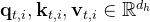 \mathbf{q}_{t, i}, \mathbf{k}_{t, i}, \mathbf{v}_{t, i} \in \mathbb{R}^{d_{h}}