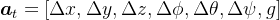 \boldsymbol{a}_{t}=[\Delta x, \Delta y, \Delta z, \Delta \phi, \Delta \theta, \Delta \psi, g]
