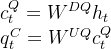 \begin{array}{l} c_{t}^{Q}=W^{D Q} h_{t} \\ q_{t}^{C}=W^{U Q} c_{t}^{Q} \end{array}