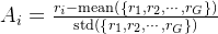 A_{i}=\frac{r_{i}-\operatorname{mean}\left(\left\{r_{1}, r_{2}, \cdots, r_{G}\right\}\right)}{\operatorname{std}\left(\left\{r_{1}, r_{2}, \cdots, r_{G}\right\}\right)}