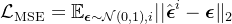 \mathcal{L}_{\mathrm{MSE}}=\mathbb{E}_{\boldsymbol{\epsilon} \sim \mathcal{N}(0,1), i}| | \hat{\boldsymbol{\epsilon}}^{i}-\boldsymbol{\epsilon} \|_{2}