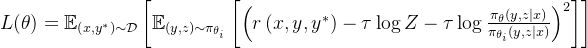 L(\theta)=\mathbb{E}_{\left(x, y^{*}\right) \sim \mathcal{D}}\left[\mathbb{E}_{(y, z) \sim \pi_{\theta_{i}}}\left[\left(r\left(x, y, y^{*}\right)-\tau \log Z-\tau \log \frac{\pi_{\theta}(y, z \mid x)}{\pi_{\theta_{i}}(y, z \mid x)}\right)^{2}\right]\right]