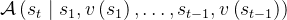 \mathcal{A}\left(s_{t} \mid s_{1}, v\left(s_{1}\right), \ldots, s_{t-1}, v\left(s_{t-1}\right)\right)