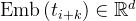 \operatorname{Emb}\left(t_{i+k}\right) \in \mathbb{R}^{d}