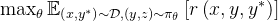 \max _{\theta} \mathbb{E}_{\left(x, y^{*}\right) \sim \mathcal{D},(y, z) \sim \pi_{\theta}}\left[r\left(x, y, y^{*}\right)\right]