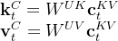 \begin{array}{l} \mathbf{k}_{t}^{C}=W^{U K} \mathbf{c}_{t}^{K V} \\ \mathbf{v}_{t}^{C}=W^{U V} \mathbf{c}_{t}^{K V} \end{array}