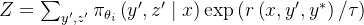 Z=\sum_{y^{\prime}, z^{\prime}} \pi_{\theta_{i}}\left(y^{\prime}, z^{\prime} \mid x\right) \exp \left(r\left(x, y^{\prime}, y^{*}\right) / \tau\right)