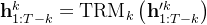 \mathbf{h}_{1: T-k}^{k}=\operatorname{TRM}_{k}\left(\mathbf{h}_{1: T-k}^{\prime k}\right)