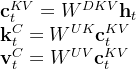 \begin{array}{l} \mathbf{c}_{t}^{K V}=W^{D K V} \mathbf{h}_{t} \\ \mathbf{k}_{t}^{C}=W^{U K} \mathbf{c}_{t}^{K V} \\ \mathbf{v}_{t}^{C}=W^{U V} \mathbf{c}_{t}^{K V} \end{array}