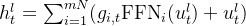 h_t^l = \sum_{i=1}^{mN} (g_{i,t} \text{FFN}_i (u_t^l) + u_t^l)