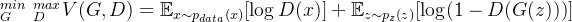 _{G}^{min}\textrm{ } _{D}^{max}\textrm{} V(G,D)= \mathbb{E}_{x \sim p_{data}(x)}[\log D(x)] + \mathbb{E}_{z \sim p_z(z)}[\log(1 - D(G(z)))]